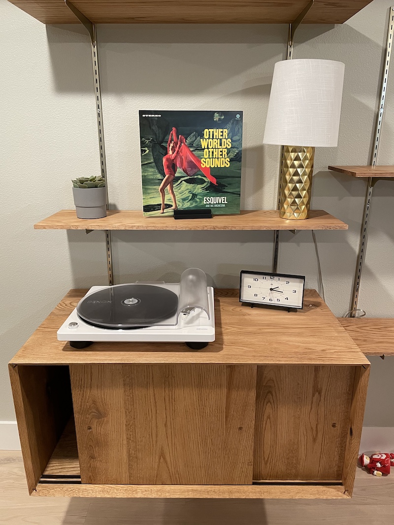 Mid-century inspired shelving system with mounted cabinet.